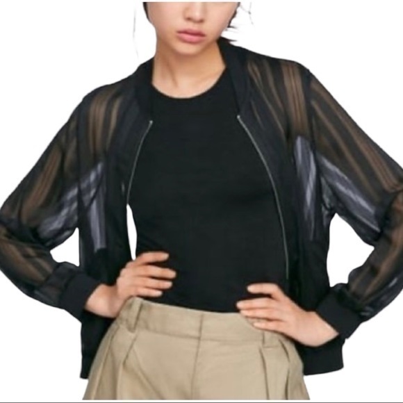 Sheer Organza Striped Bomber Jacket 